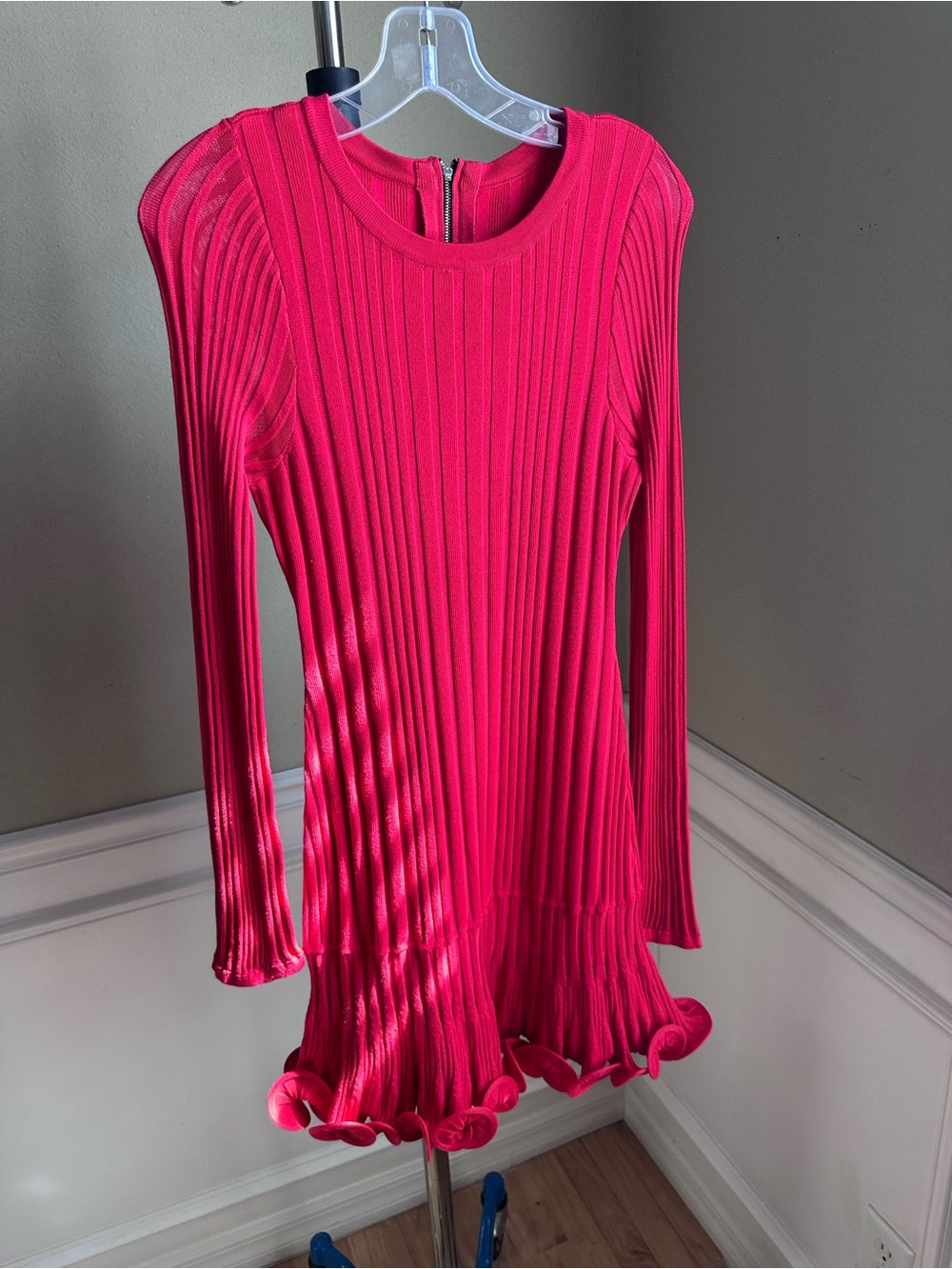 Milly Ribbed Long-Sleeve Ruffle-Hem Dress in Hot Pink